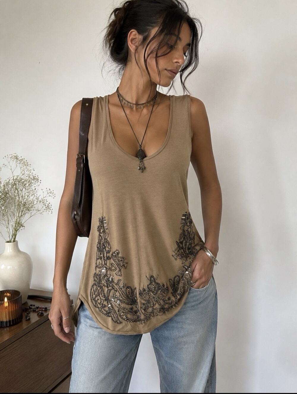 Renzo + Kai Beaded Embelished Tank top Med Taupe Viscose Boho Glam Viscose